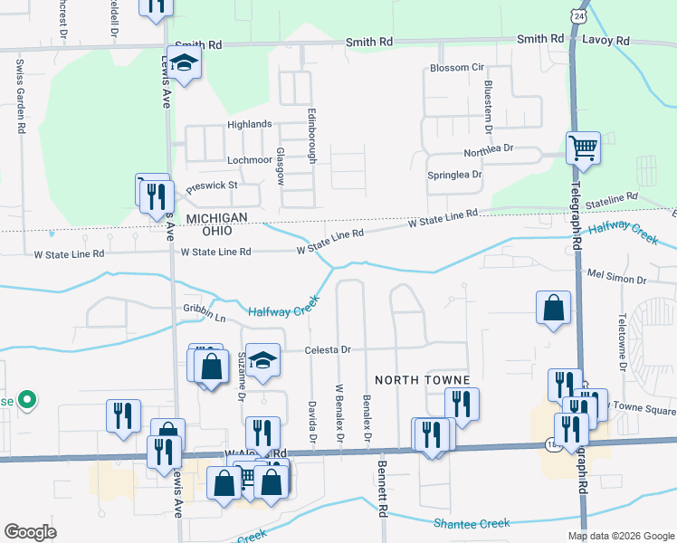 map of restaurants, bars, coffee shops, grocery stores, and more near 6127 W Benalex Dr in Toledo