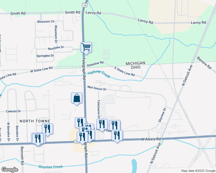 map of restaurants, bars, coffee shops, grocery stores, and more near 6211 Mel Simon Drive in Toledo
