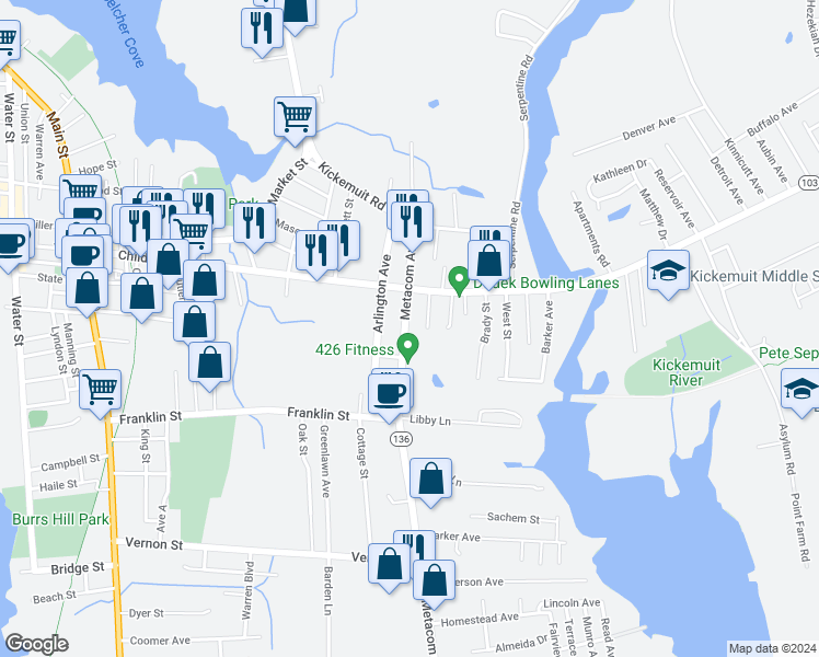 map of restaurants, bars, coffee shops, grocery stores, and more near 378 Metacom Avenue in Warren