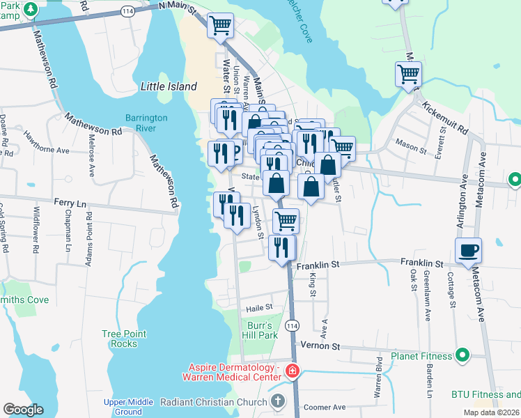 map of restaurants, bars, coffee shops, grocery stores, and more near 18 Washington Street in Warren