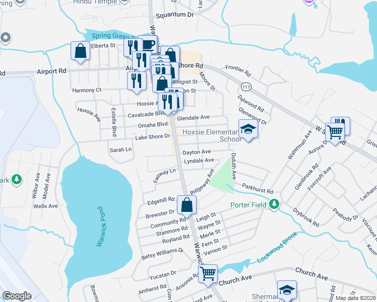 map of restaurants, bars, coffee shops, grocery stores, and more near 82 Dallas Avenue in Warwick