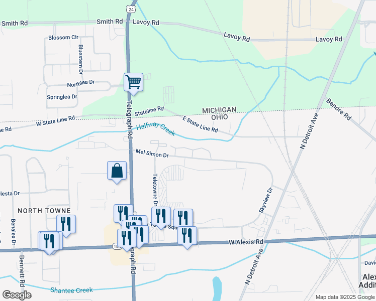 map of restaurants, bars, coffee shops, grocery stores, and more near Northridge Lane in Toledo