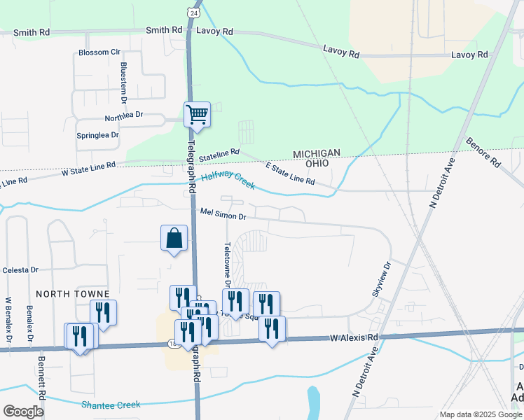 map of restaurants, bars, coffee shops, grocery stores, and more near 6211 Mel Simon Drive in Toledo