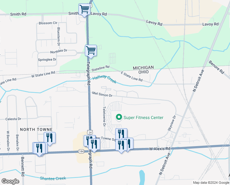 map of restaurants, bars, coffee shops, grocery stores, and more near 6211 Mel Simon Drive in Toledo