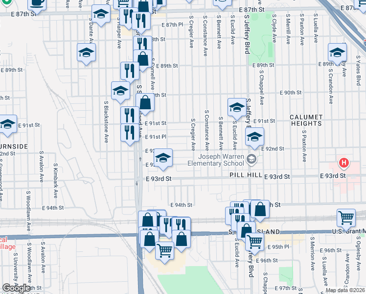 map of restaurants, bars, coffee shops, grocery stores, and more near 1717 East 91st Place in Chicago
