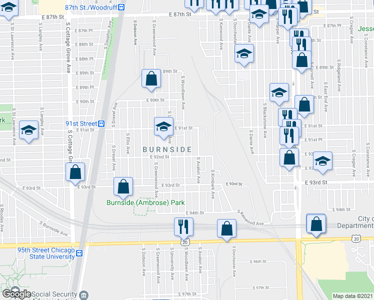 map of restaurants, bars, coffee shops, grocery stores, and more near 9134 South Avalon Avenue in Chicago