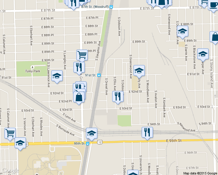 map of restaurants, bars, coffee shops, grocery stores, and more near 9128 South Ellis Avenue in Chicago