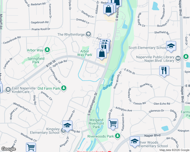 map of restaurants, bars, coffee shops, grocery stores, and more near 2121 Lancaster Circle in Naperville