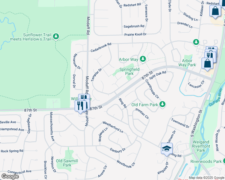 map of restaurants, bars, coffee shops, grocery stores, and more near 306 Devlin Court in Naperville
