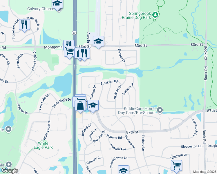 map of restaurants, bars, coffee shops, grocery stores, and more near 2752 Stockton Road in Naperville