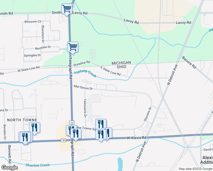 map of restaurants, bars, coffee shops, grocery stores, and more near Northridge Lane in Toledo