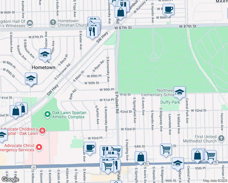 map of restaurants, bars, coffee shops, grocery stores, and more near 4000 West 90th Place in Hometown