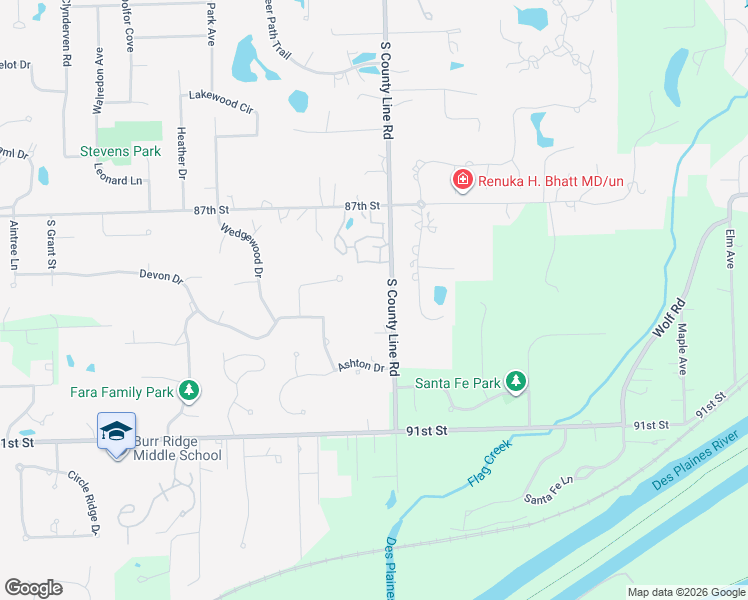 map of restaurants, bars, coffee shops, grocery stores, and more near 8850 South County Line Road in Burr Ridge