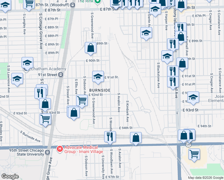 map of restaurants, bars, coffee shops, grocery stores, and more near 9134 South Avalon Avenue in Chicago