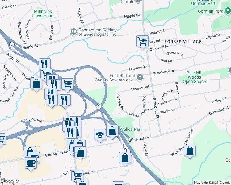 map of restaurants, bars, coffee shops, grocery stores, and more near 105 Madison Road in Glastonbury