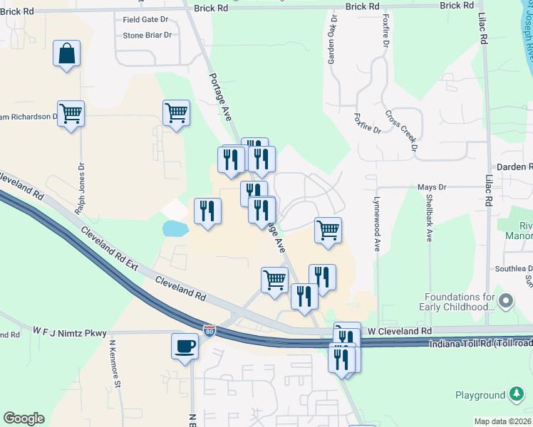 map of restaurants, bars, coffee shops, grocery stores, and more near 3846 Portage Road in South Bend