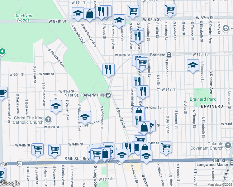 map of restaurants, bars, coffee shops, grocery stores, and more near 1716 West 91st Street in Chicago
