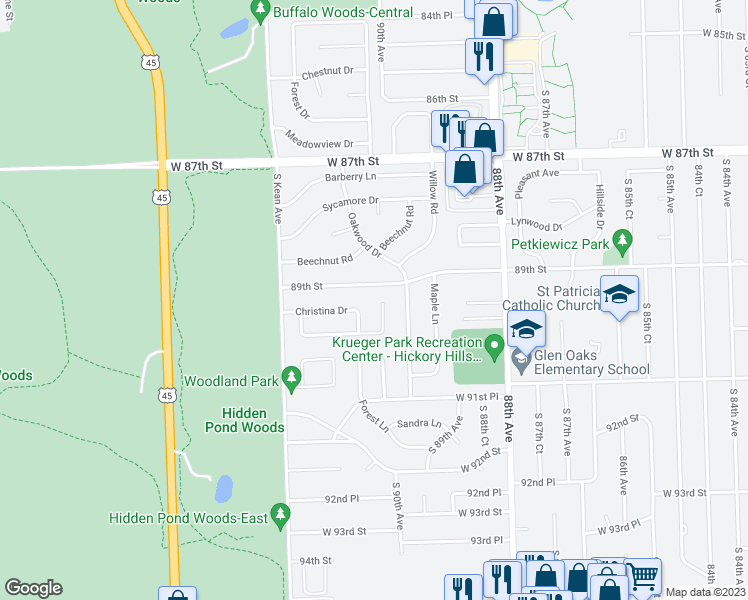 map of restaurants, bars, coffee shops, grocery stores, and more near 8930 Golden Oak Court in Hickory Hills