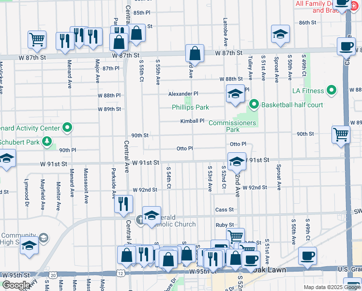 map of restaurants, bars, coffee shops, grocery stores, and more near 5368 Otto Place in Oak Lawn
