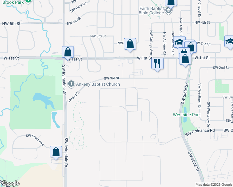 map of restaurants, bars, coffee shops, grocery stores, and more near 2406 Southwest 3rd Street in Ankeny