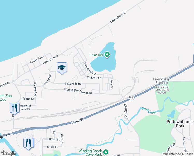 map of restaurants, bars, coffee shops, grocery stores, and more near 134 Childers Lane in Michigan City