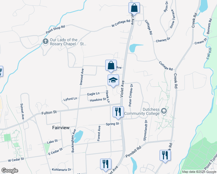 map of restaurants, bars, coffee shops, grocery stores, and more near 25 Hawk Lane in Poughkeepsie