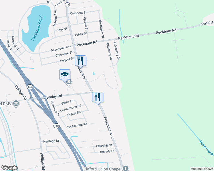 map of restaurants, bars, coffee shops, grocery stores, and more near 20 Seth Daniel Drive in New Bedford