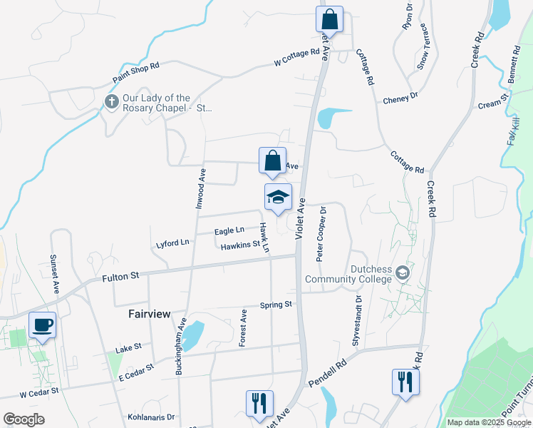 map of restaurants, bars, coffee shops, grocery stores, and more near 25 Hawk Lane in Poughkeepsie