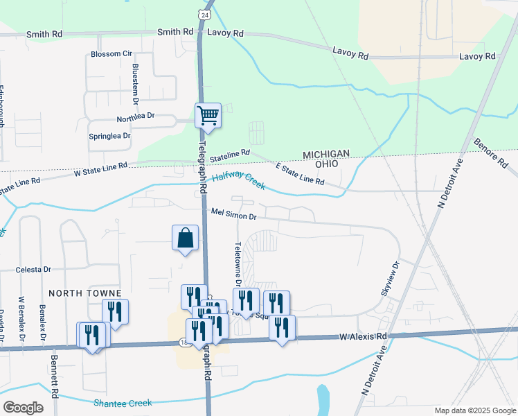 map of restaurants, bars, coffee shops, grocery stores, and more near 6211 Mel Simon Drive in Toledo