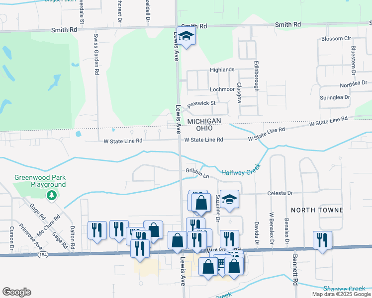 map of restaurants, bars, coffee shops, grocery stores, and more near 6222 Lewis Avenue in Toledo
