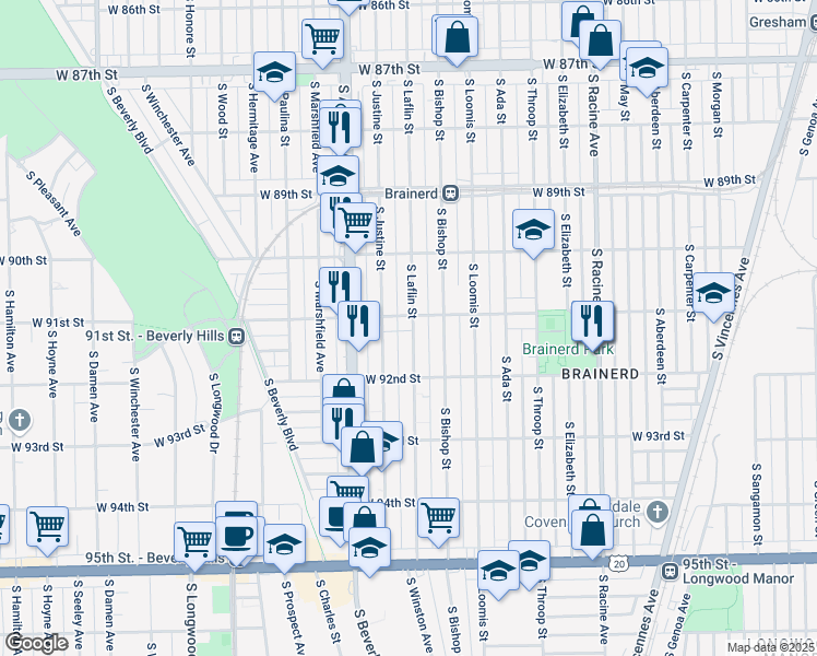 map of restaurants, bars, coffee shops, grocery stores, and more near 9101 South Laflin Street in Chicago