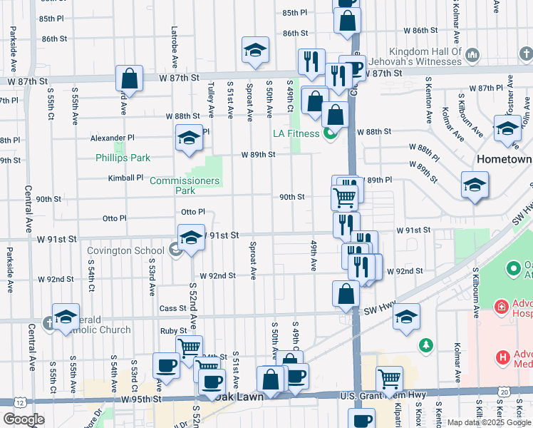 map of restaurants, bars, coffee shops, grocery stores, and more near 9013 Sproat Avenue in Oak Lawn