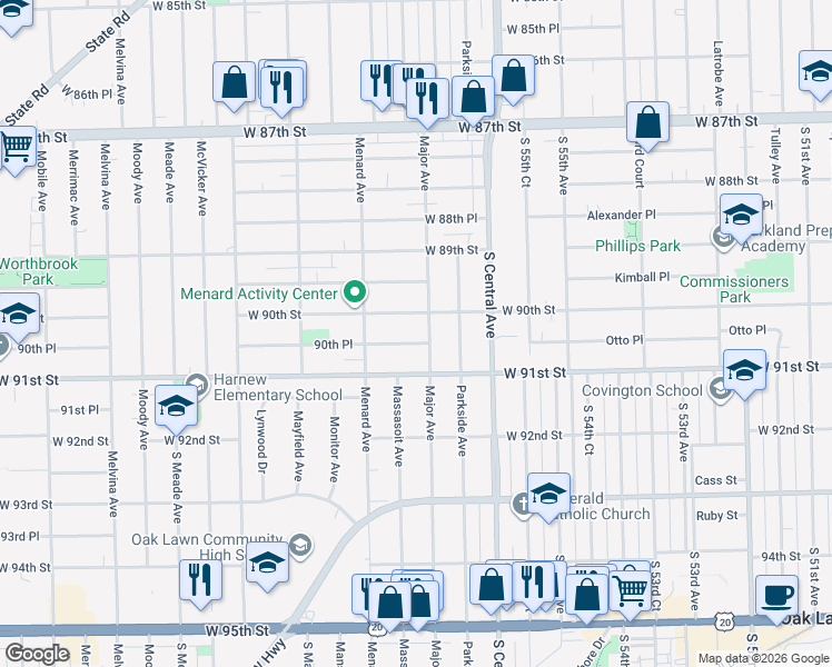 map of restaurants, bars, coffee shops, grocery stores, and more near 5705 West 90th Street in Oak Lawn