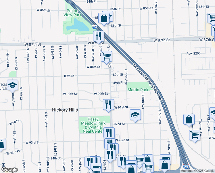 map of restaurants, bars, coffee shops, grocery stores, and more near 8935 80th Court in Hickory Hills