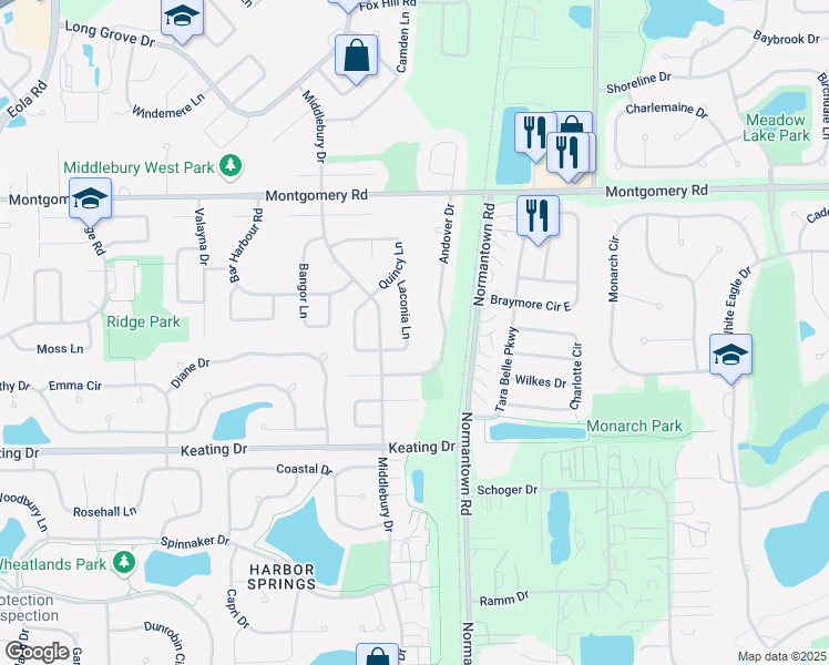 map of restaurants, bars, coffee shops, grocery stores, and more near 3124 Laconia Lane in Aurora