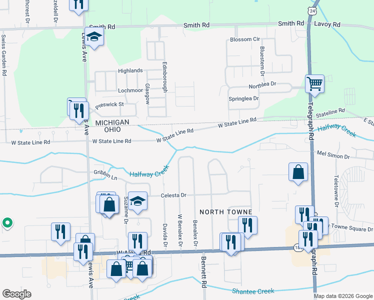 map of restaurants, bars, coffee shops, grocery stores, and more near 6127 West Benalex Drive in Toledo