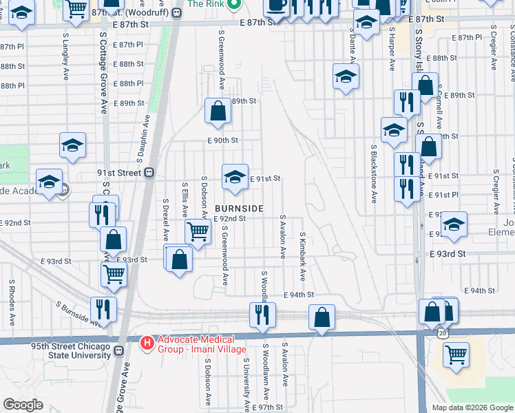 map of restaurants, bars, coffee shops, grocery stores, and more near 9128 South Woodlawn Avenue in Chicago