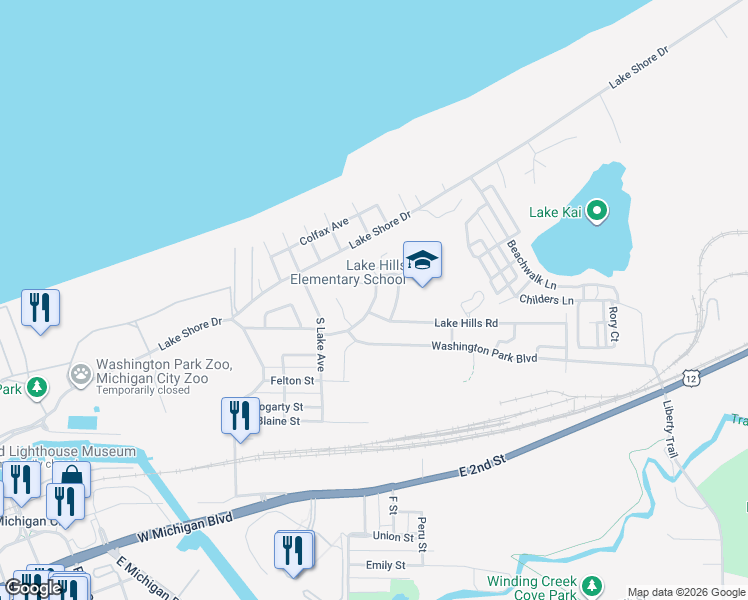 map of restaurants, bars, coffee shops, grocery stores, and more near 106 Rue De Lac East in Michigan City