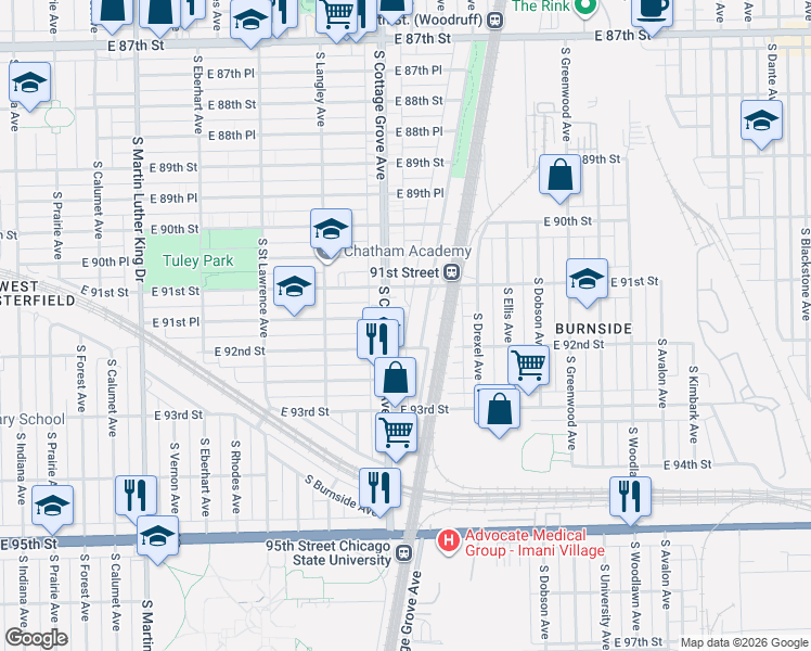 map of restaurants, bars, coffee shops, grocery stores, and more near 9137 South Cottage Grove Avenue in Chicago