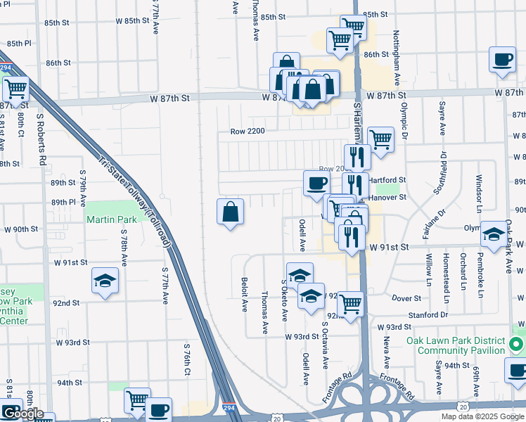 map of restaurants, bars, coffee shops, grocery stores, and more near 7412 West 90th Street in Bridgeview
