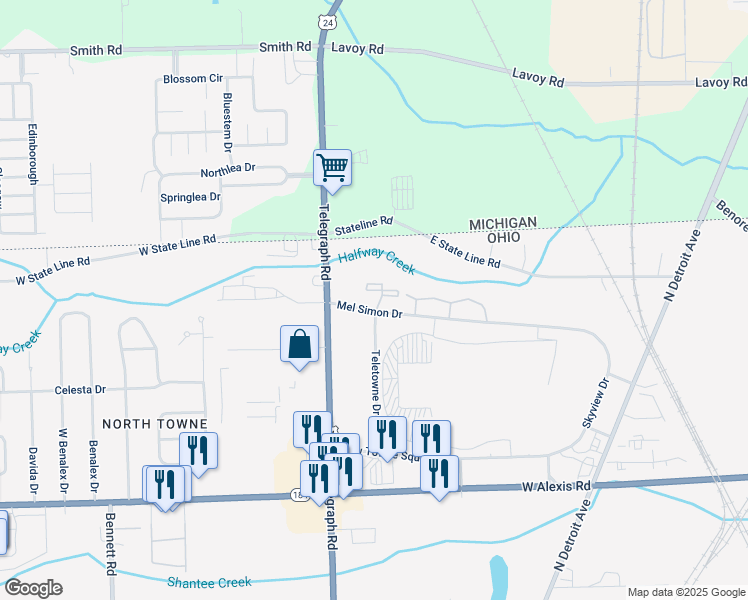 map of restaurants, bars, coffee shops, grocery stores, and more near 117 Mel Simon Drive in Toledo