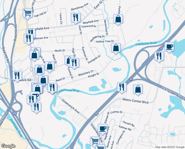 map of restaurants, bars, coffee shops, grocery stores, and more near 215 Knight Street in Warwick