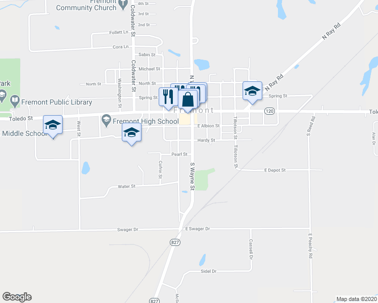 map of restaurants, bars, coffee shops, grocery stores, and more near 306 South Wayne Street in Fremont