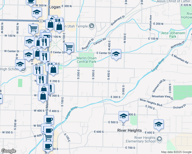 map of restaurants, bars, coffee shops, grocery stores, and more near 148 South 300 East in Logan