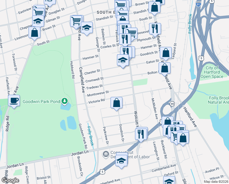 map of restaurants, bars, coffee shops, grocery stores, and more near 54 Montowese Street in Hartford