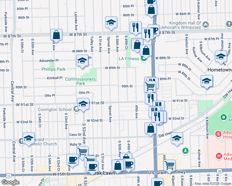 map of restaurants, bars, coffee shops, grocery stores, and more near 9013 Sproat Avenue in Oak Lawn