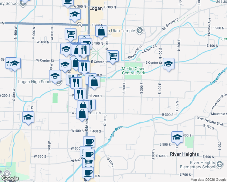 map of restaurants, bars, coffee shops, grocery stores, and more near 147 South 200 East in Logan