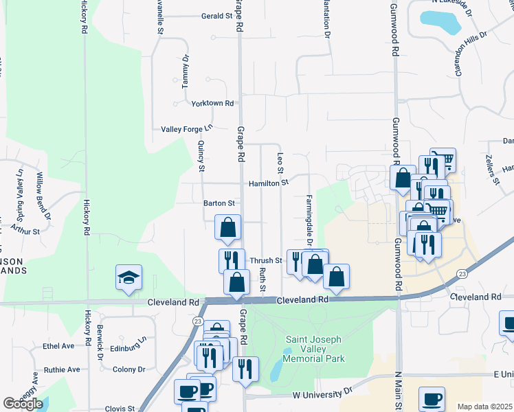map of restaurants, bars, coffee shops, grocery stores, and more near 52665 Ruth Street in Granger