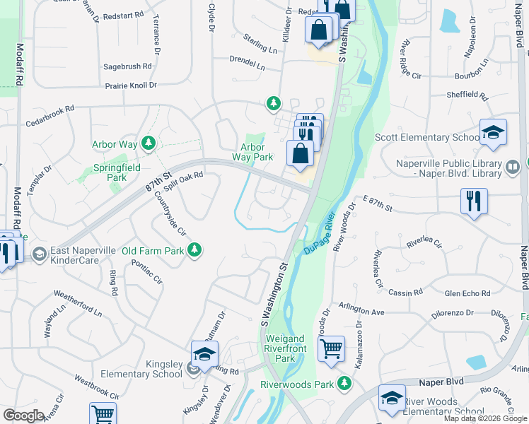 map of restaurants, bars, coffee shops, grocery stores, and more near 2151 Berkley Court in Naperville