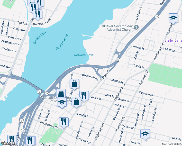 map of restaurants, bars, coffee shops, grocery stores, and more near 162 Weaver Street in Fall River